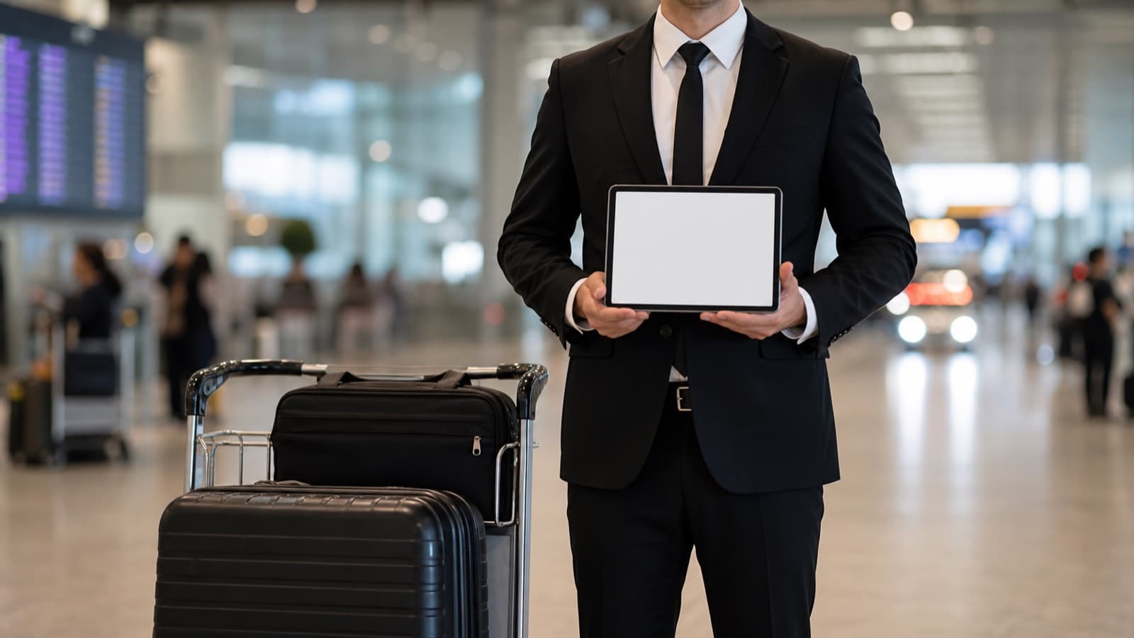 Professional chauffeur meet and greet at an airport arrivals hall
