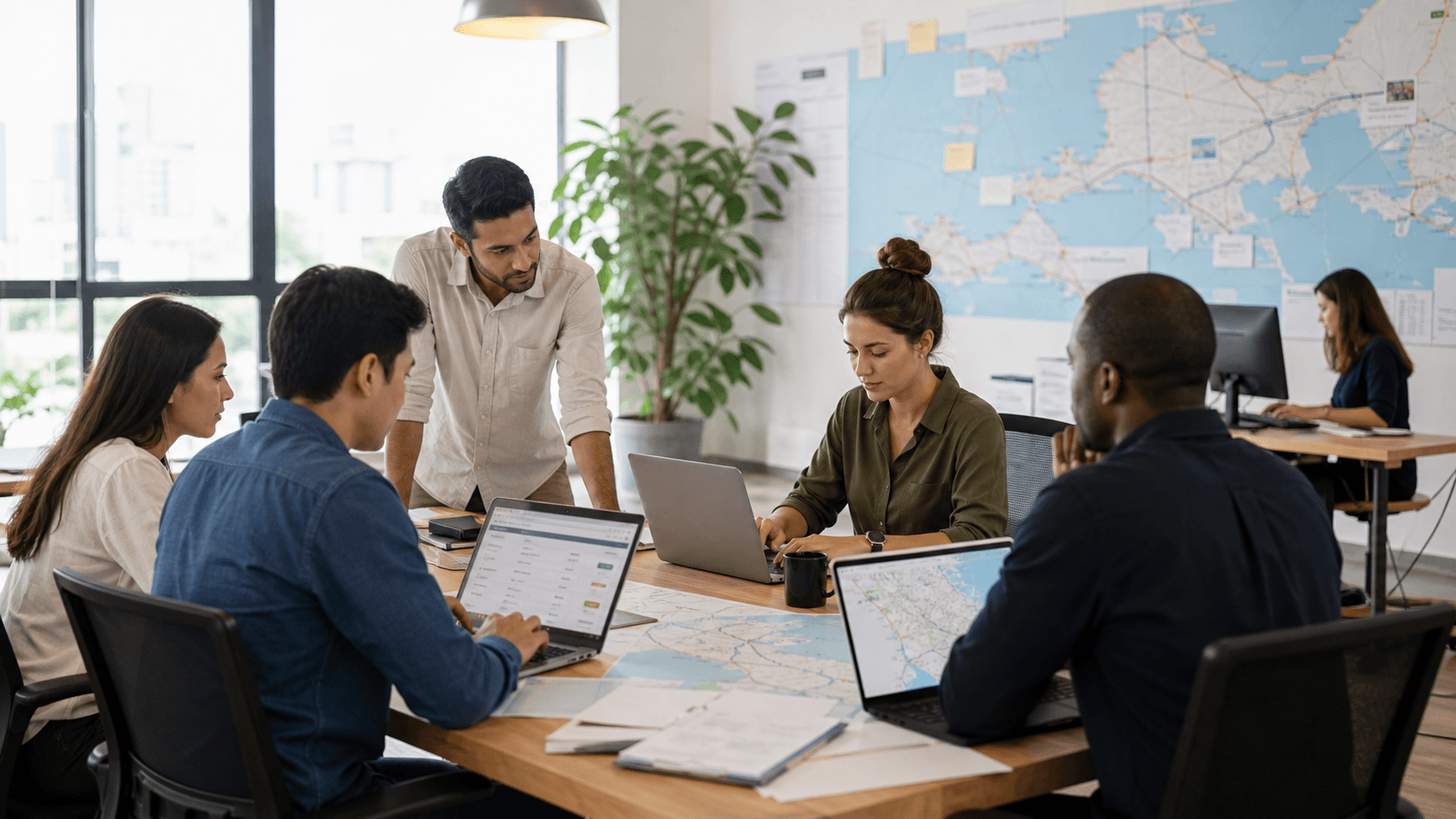 Travel operations team reviewing routes and support workflows